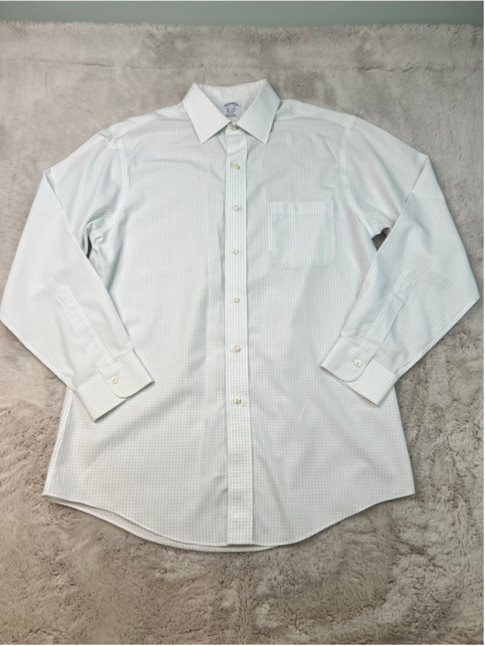 Brooks Brothers Dress Shirt Mens Neck 15.5 33 White Blue Checkered Formal Office